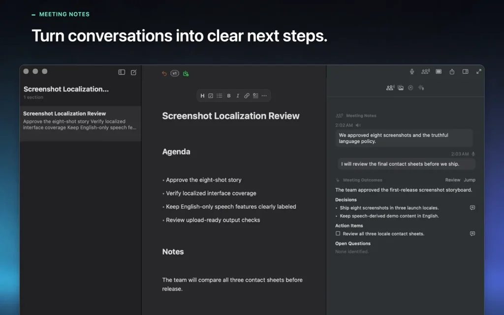 Blackledger Meeting Notes beside a script with decisions and action items.