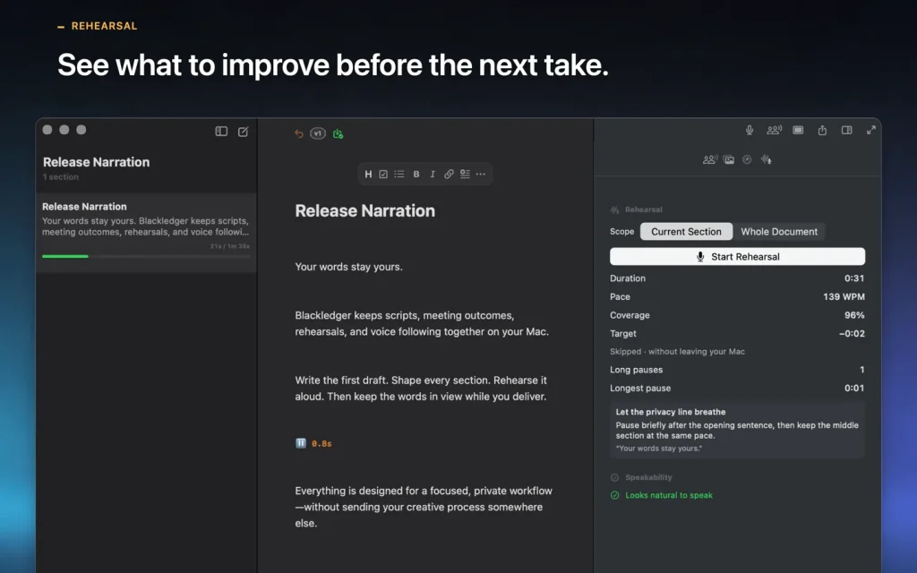 Blackledger rehearsal view showing pace, coverage, pauses, and coaching.