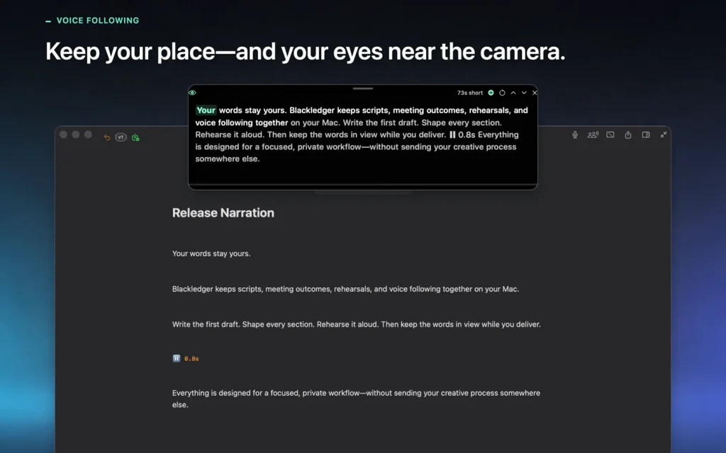 Blackledger editor with a camera-line teleprompter following the current word.