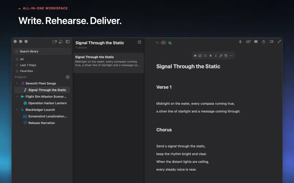 Blackledger project library and Markdown editor in a three-column workspace.