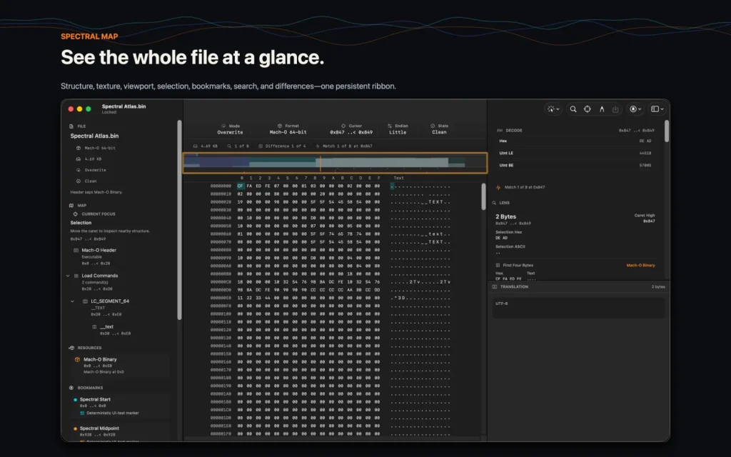 Hexgeist showing a binary file in the byte grid, Spectral Map, Navigator, and Lens.