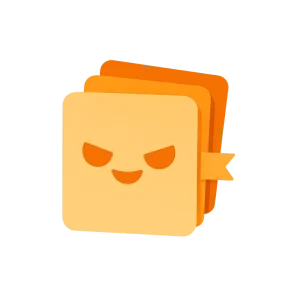 A stack of orange cards with a mischievous face.
