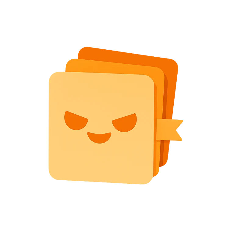 A stack of orange cards with a mischievous face.