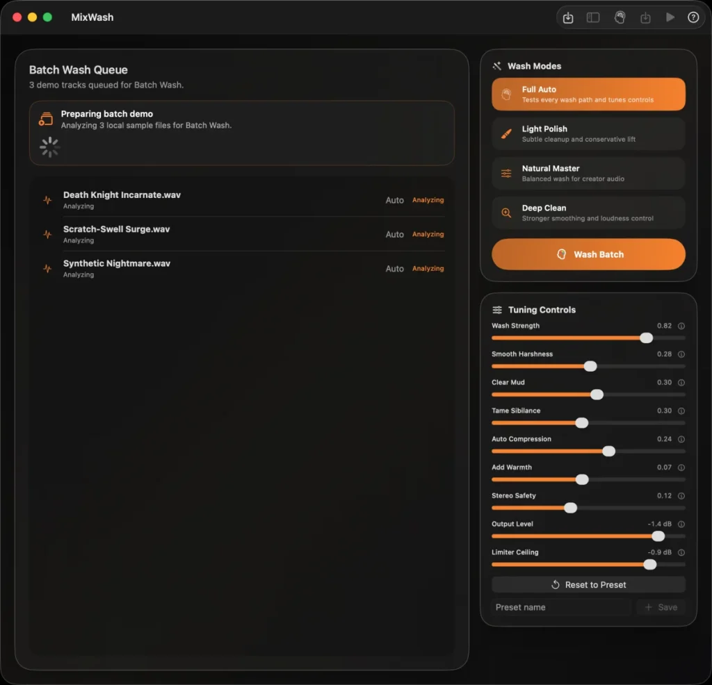 MixWash batch workspace preparing several audio files for local cleanup.