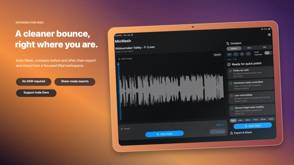 MixWash showing an audio waveform, cleanup checks, comparison controls, and export tools on iPad.