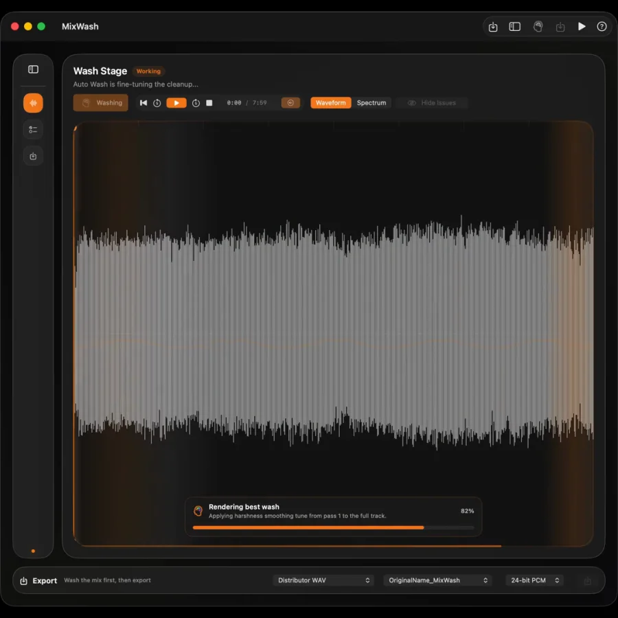 MixWash showing a completed audio cleanup and comparison result.