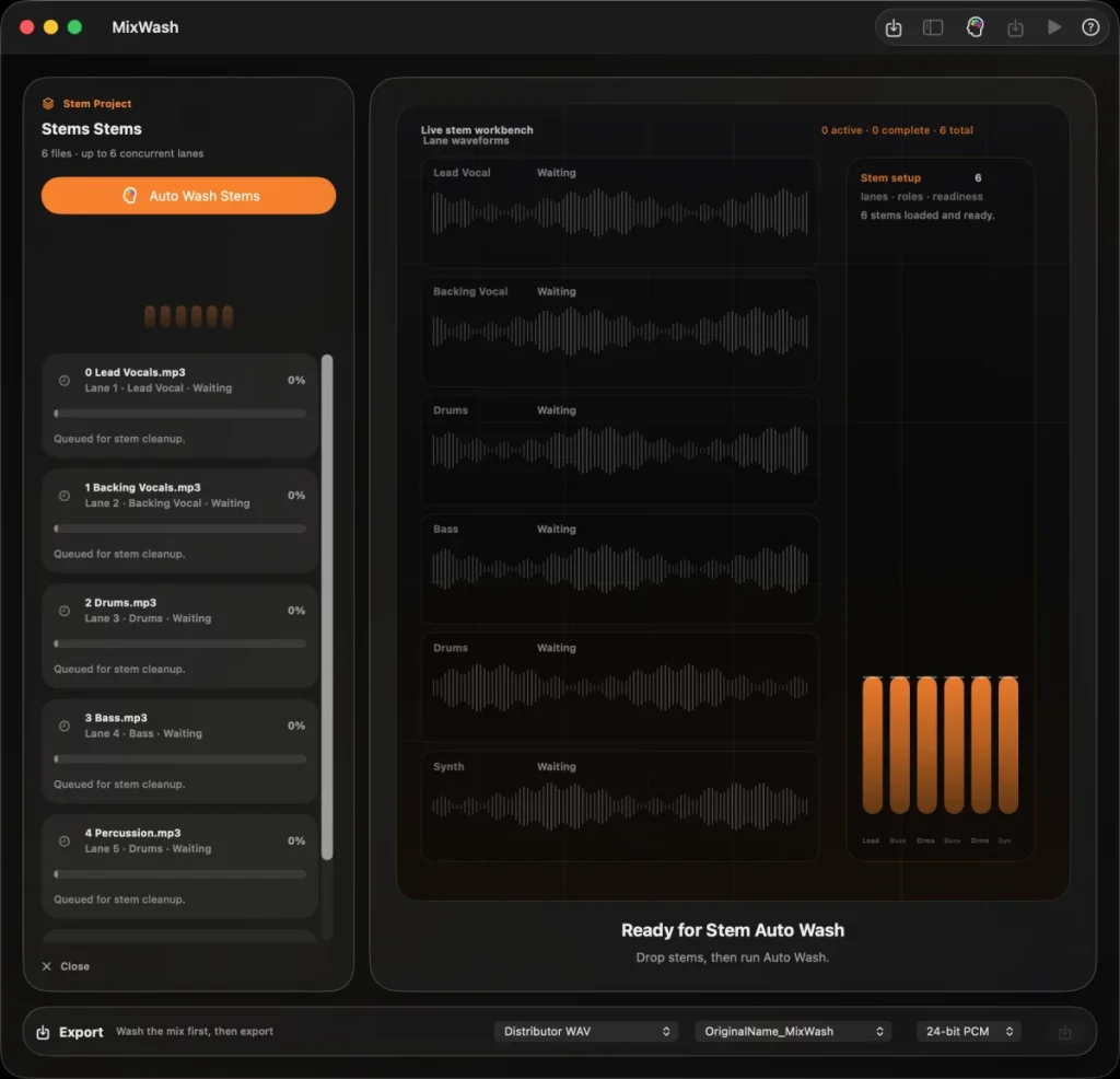 MixWash stems workspace organizing related audio tracks for cleanup.