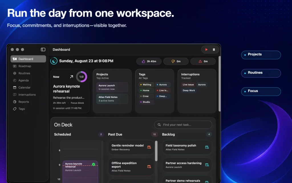 Nominal Ops dashboard showing projects, routines, focus, commitments, and interruptions.
