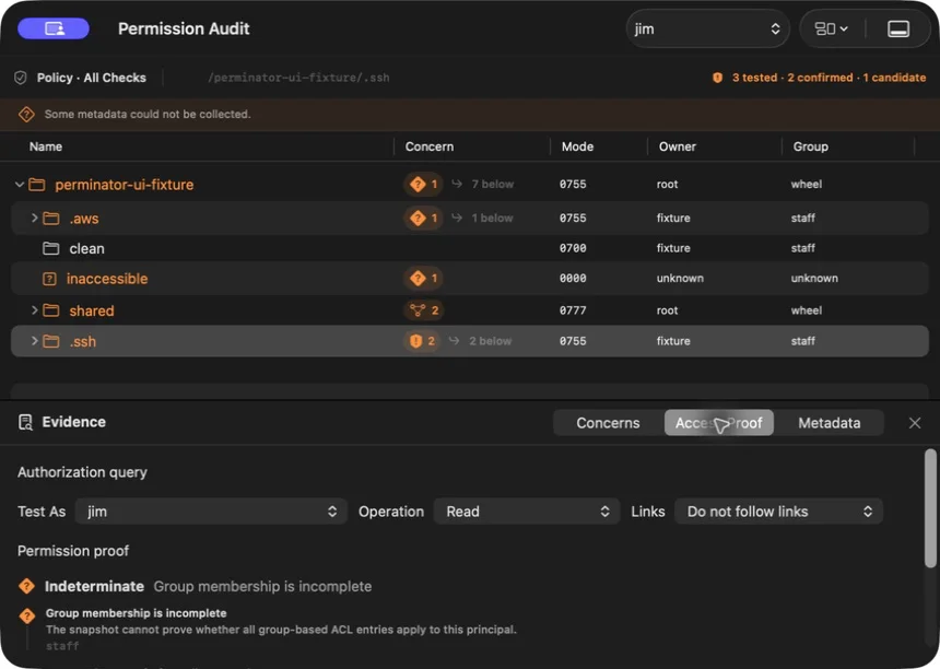 Perminator Access Proof tracing whether a selected user can read an SSH folder.