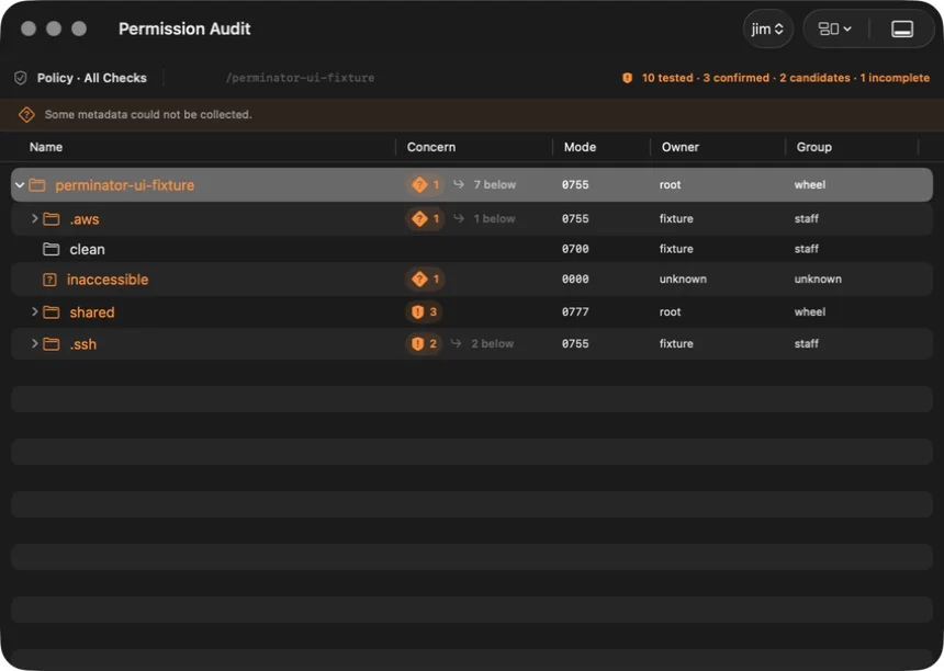 Perminator Permission Audit showing a folder tree, permission concerns, modes, owners, and groups.
