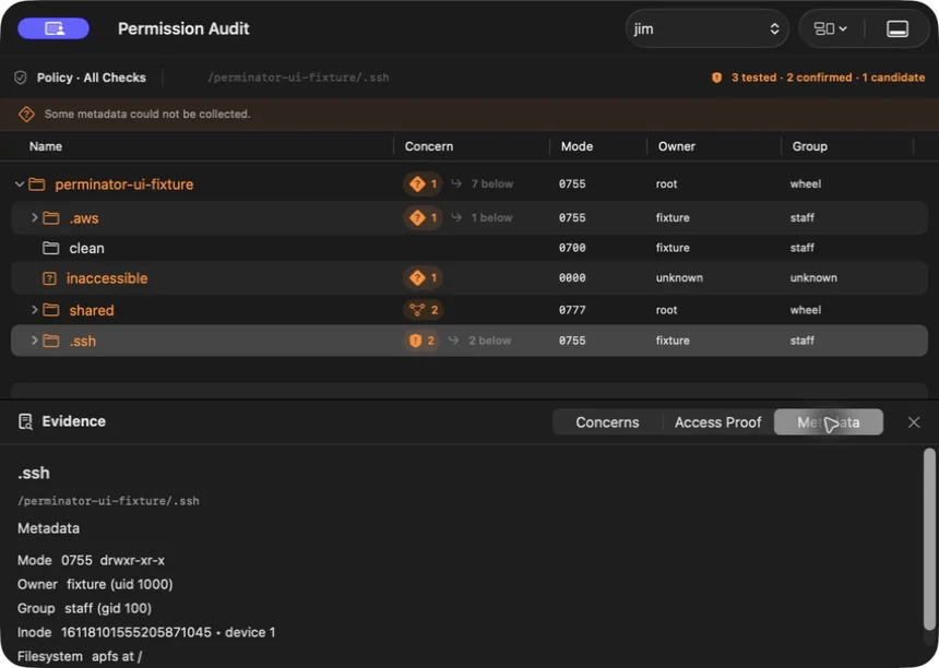 Perminator Metadata view showing captured filesystem details for a selected item.
