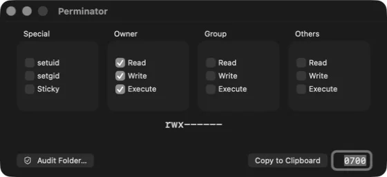 Perminator Scratch window building mode 0700 with owner read, write, and execute enabled.