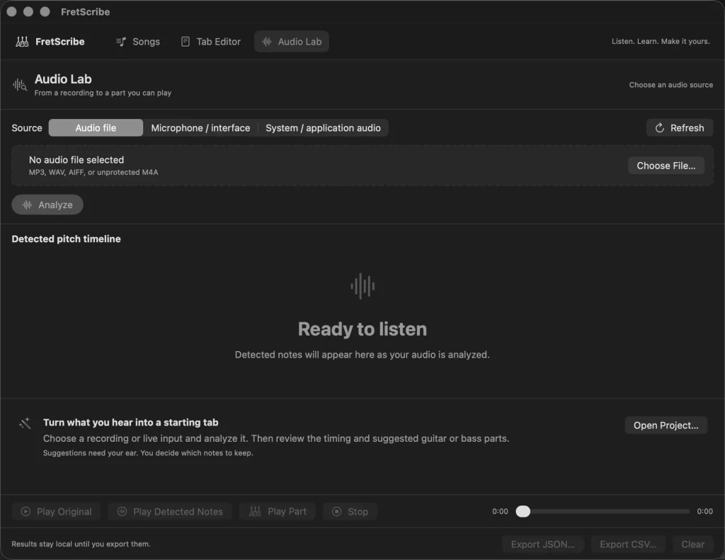 Audio Lab: choose a file or an explicitly permitted capture source to begin analysis.