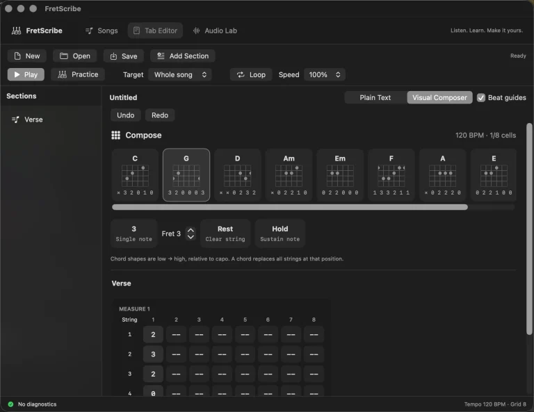 Visual Composer: chord shapes and timed tab in the native Mac editor.