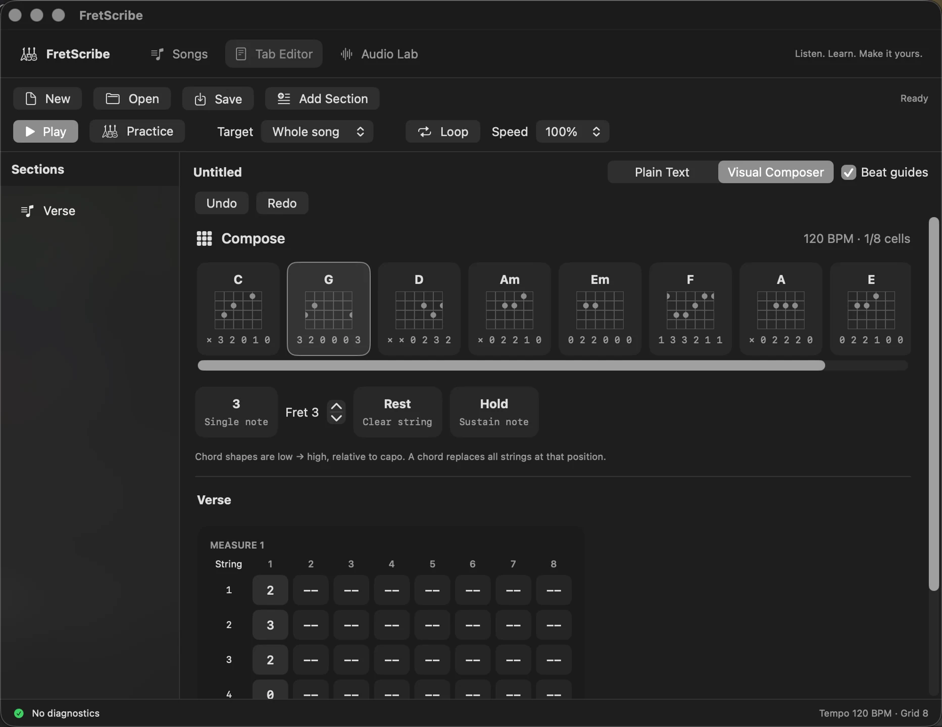 Visual Composer: chord shapes and timed tab in the native Mac editor.
