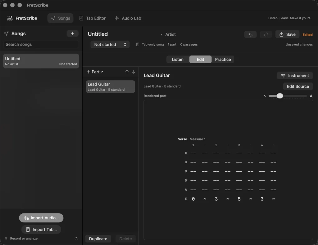 Song Workspace: a simple demo guitar part, ready to review and practice.