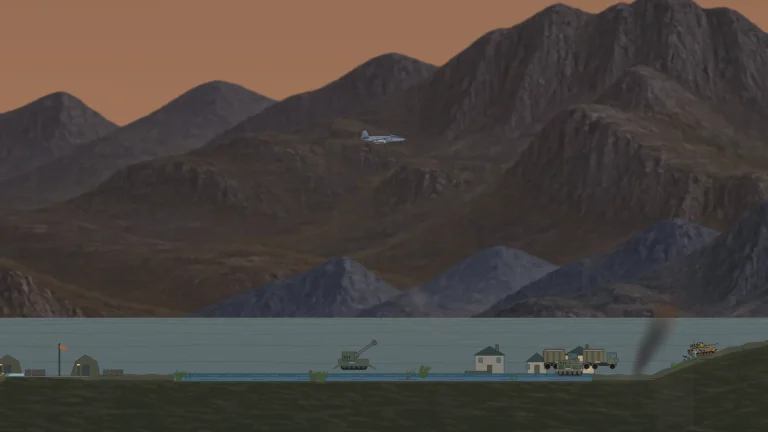 Development preview: Kestrel flying above the coast at sunset, with the HUD hidden.