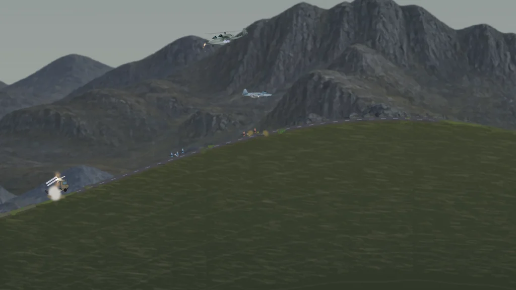 Development preview: aircraft, infantry and air defenses share the same battlefield. HUD hidden.