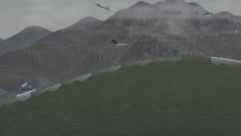 Development preview: snow and low visibility over the valley. HUD hidden.