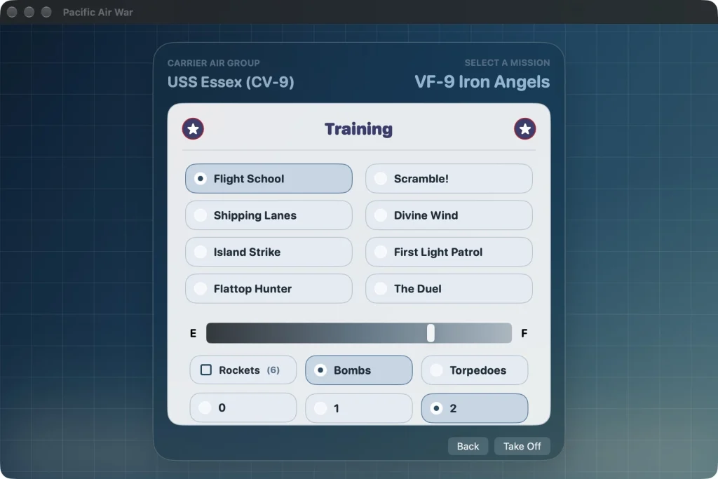 Select one of eight missions, then choose fuel and weapons in the Ready Room.